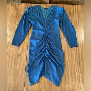 Beulah blue Ruched v Neck 3/4 Sleeve bodycon knee mini cocktail Dress s
